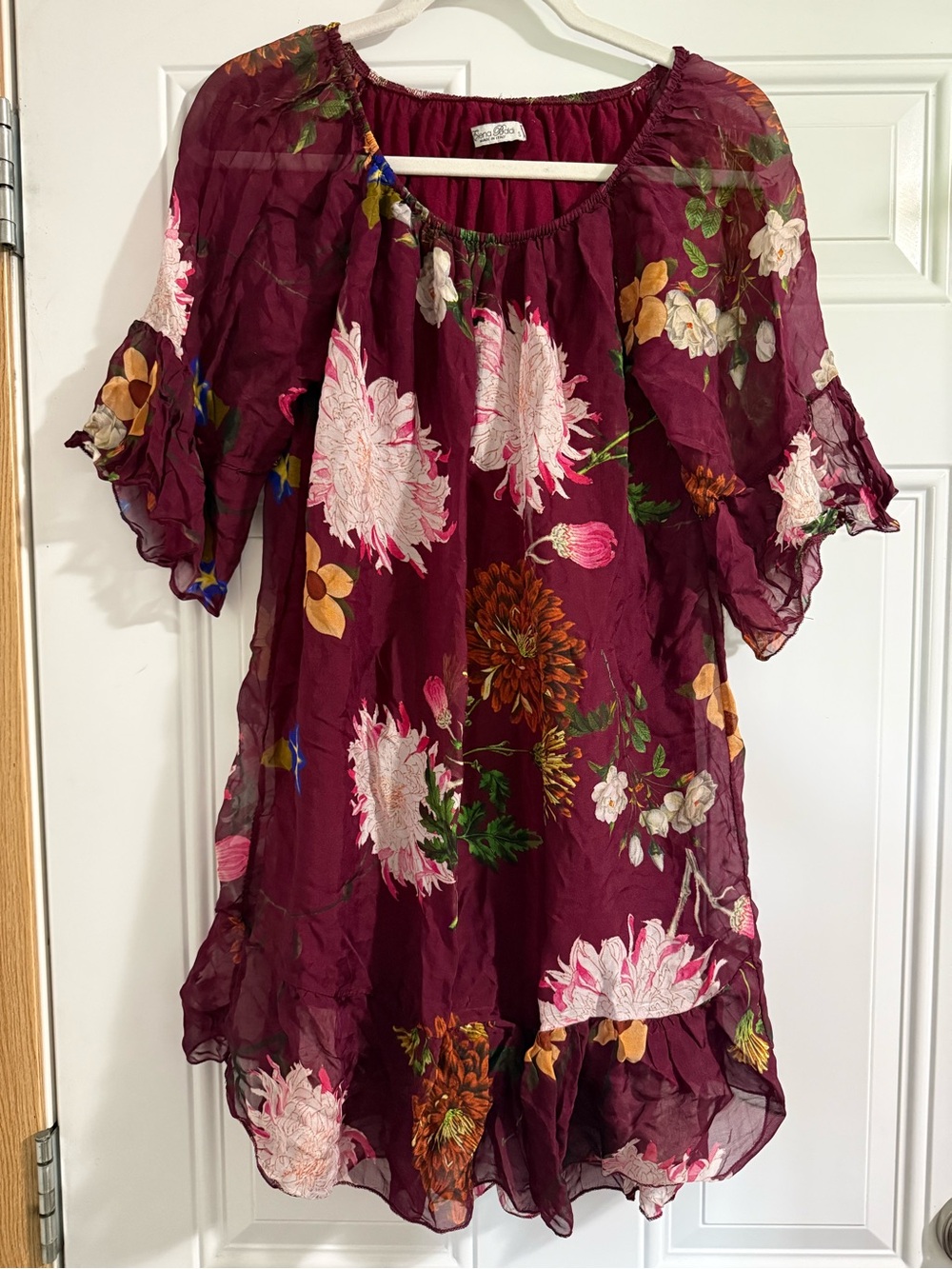 51. Elena Baldi Floral Midi Dress in Wine Burgundy - Lightweight Silk Blend